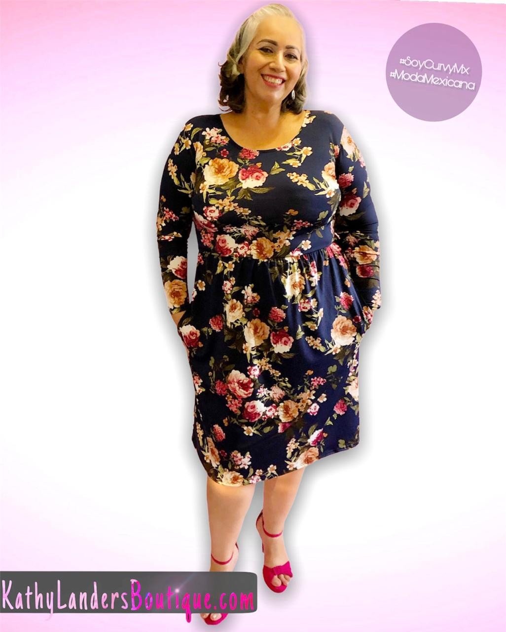 VESTIDO  AZUL MARINO DE FLORES MANGA LARGA