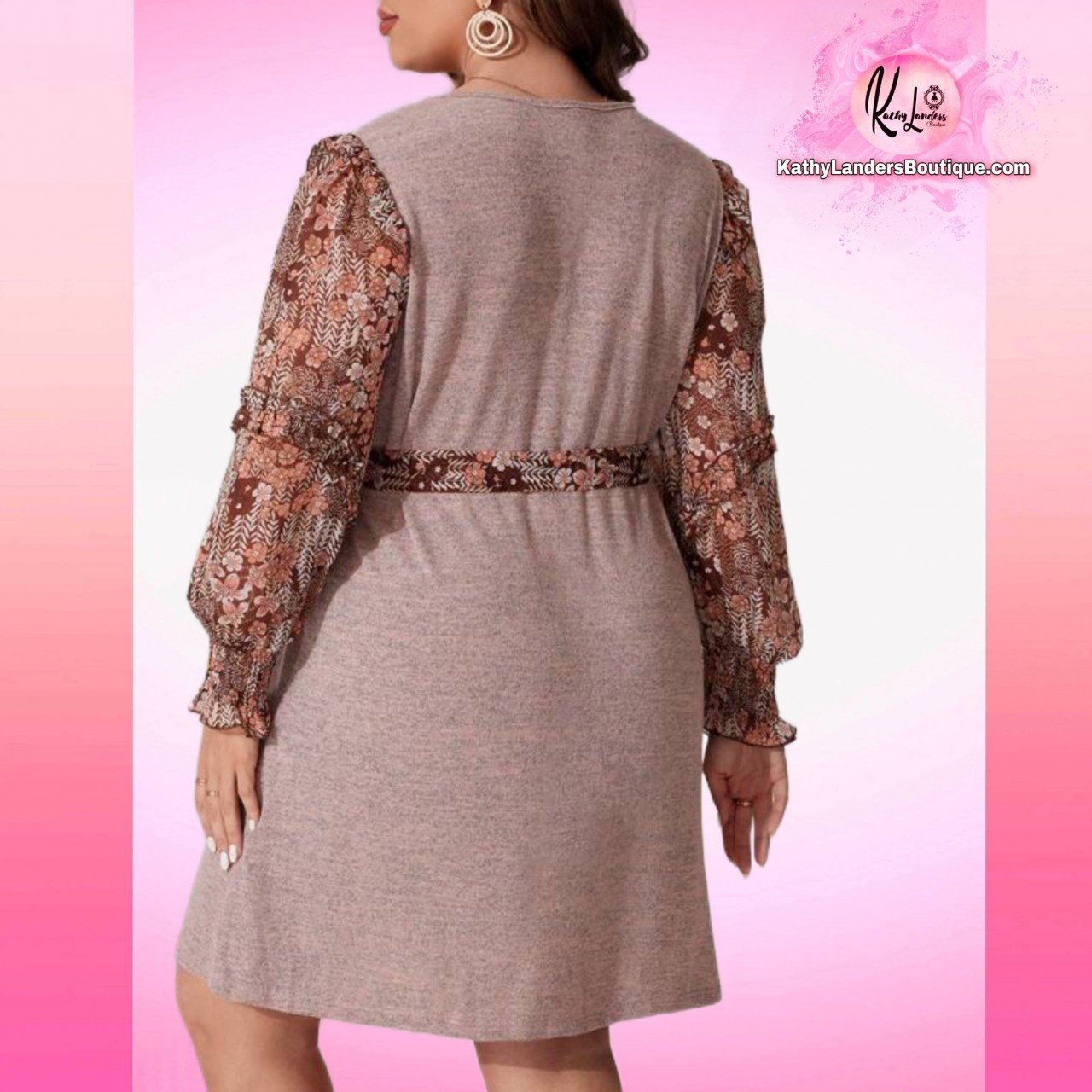 VESTIDO  ROSA PASTEL CON MANGAS CAFE Y FLORES