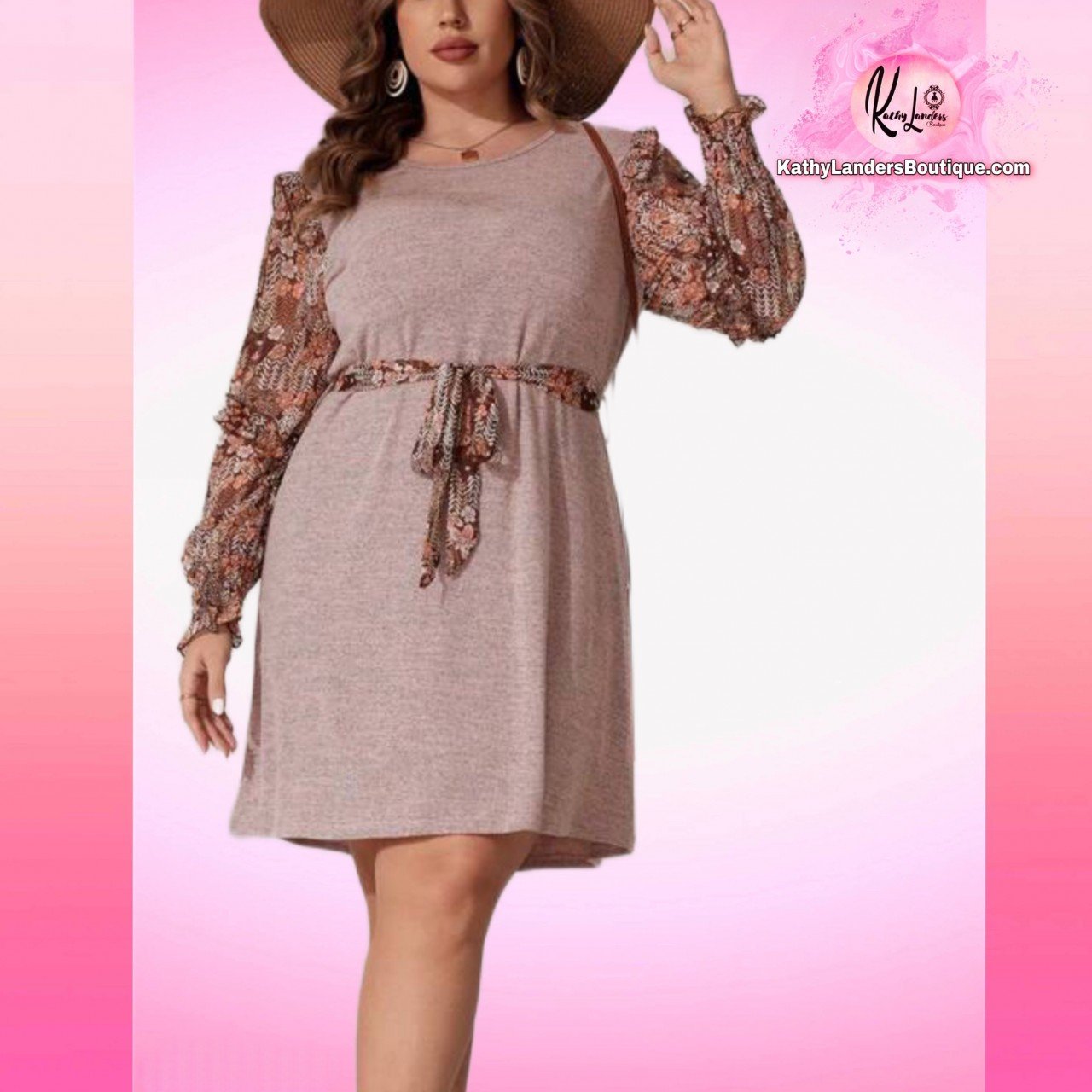 VESTIDO  ROSA PASTEL CON MANGAS CAFE Y FLORES
